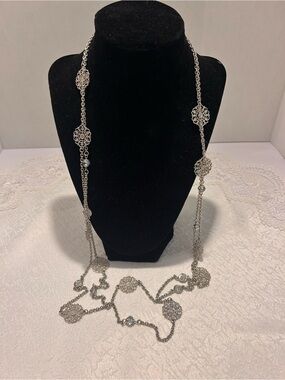 Vintage Silver Tone Filigree Flower Station Long Layering Necklace 34”